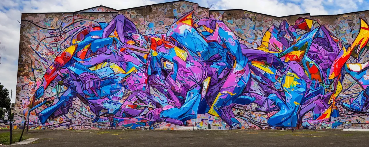 Image similar to a mural by loomit in street art style, graffiti painting, hyperdetailed, colorful, 3 d, perspective, dynamic, plastic, complex, intricate