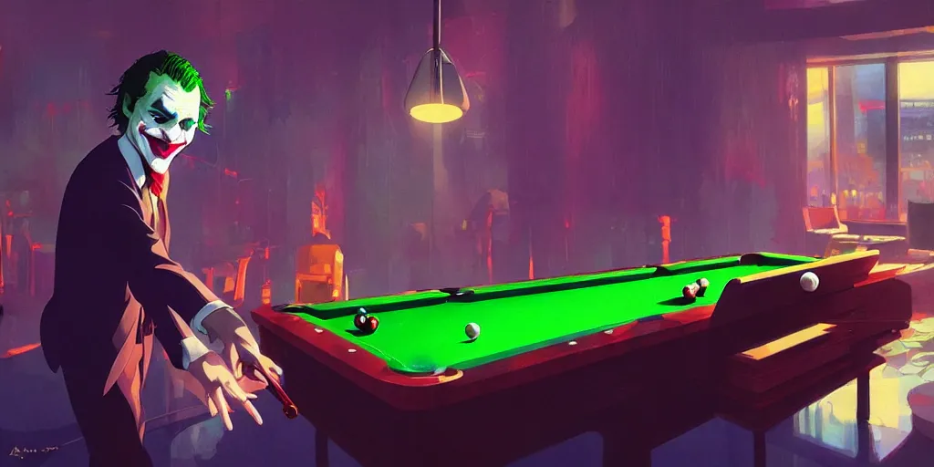 Prompt: the joker playing pool, magical, bright, colorful, fantastic lighting, amazing details, 4 k uhd, illustration by hayao miyazaki and makoto shinkai and ilya kuvshinov, artstation, pixiv,