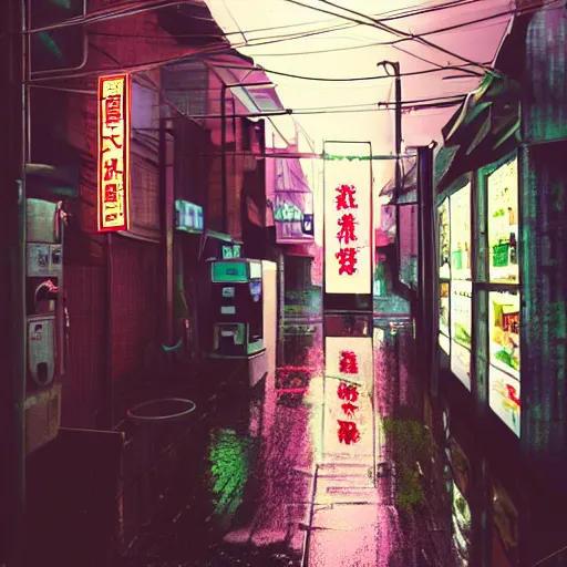 Image similar to Rainy Japanese alleyway with a vending machine, neon lights, powerlines hanging above, in the style of Makoto Shinkai