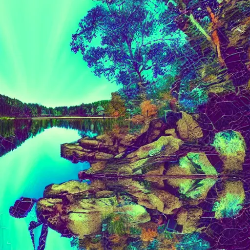 Image similar to a beautiful landscape, river, rocks, trees, by greg rutkowsi, glitch, glitchy, vhs