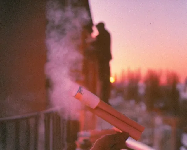 Image similar to lomo photo of pair standing on small hrushevka balcony full with cigarette smoke in small russian town looking at sunset, cinestill, bokeh