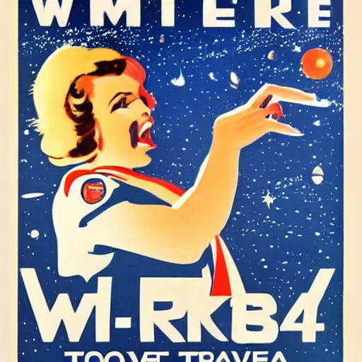 Image similar to space travel poster in style of ww 2 propaganda poster