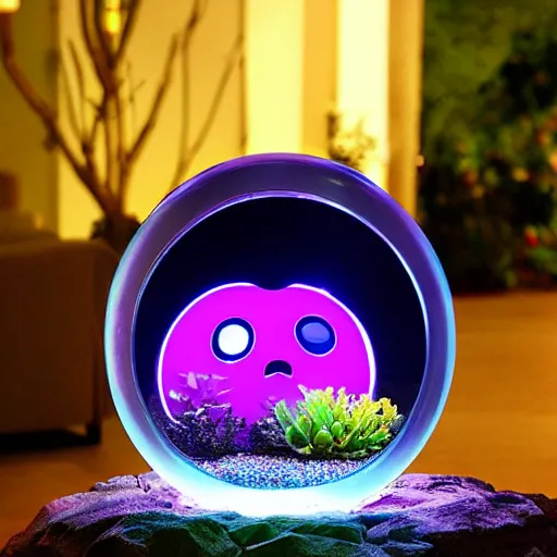 Prompt: glowing round aquarium with a face inside it realistic