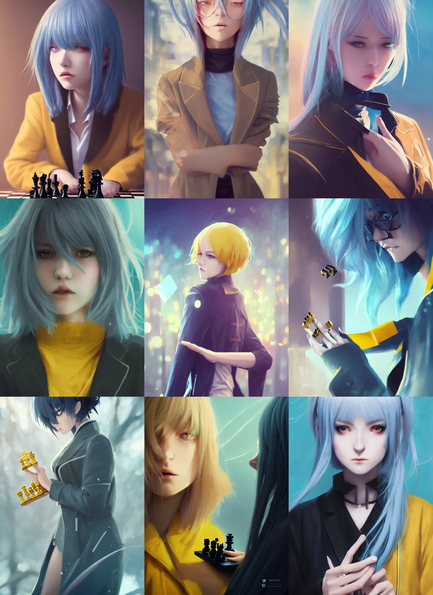 Prompt: female playing chess,'with yellow eyes ', straight sky blue hair, long bangs, black jacket, high collar, concept art, award winning photography, digital painting, cinematic, by wlop, anime key visual, wlop, 8 k, by ross tran, chengwei pan, paul kwon,