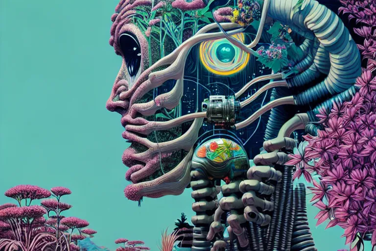 Image similar to gigantic robot head, a lot of exotic vegetation, trees, flowers by moebius, junji ito, tristan eaton, victo ngai, artgerm, rhads, ross draws, hyperrealism, intricate detailed, risograph