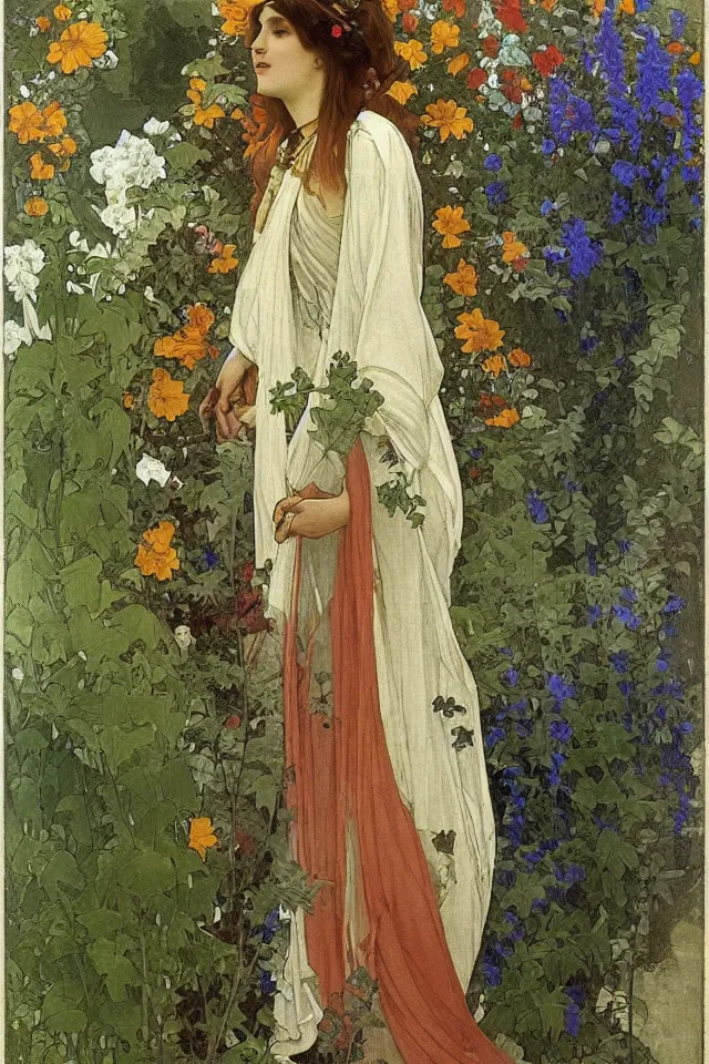 Image similar to atmospheric painting of a beautiful greek woman in robes, in garden full of ferns, marigold flowers by alphonse mucha