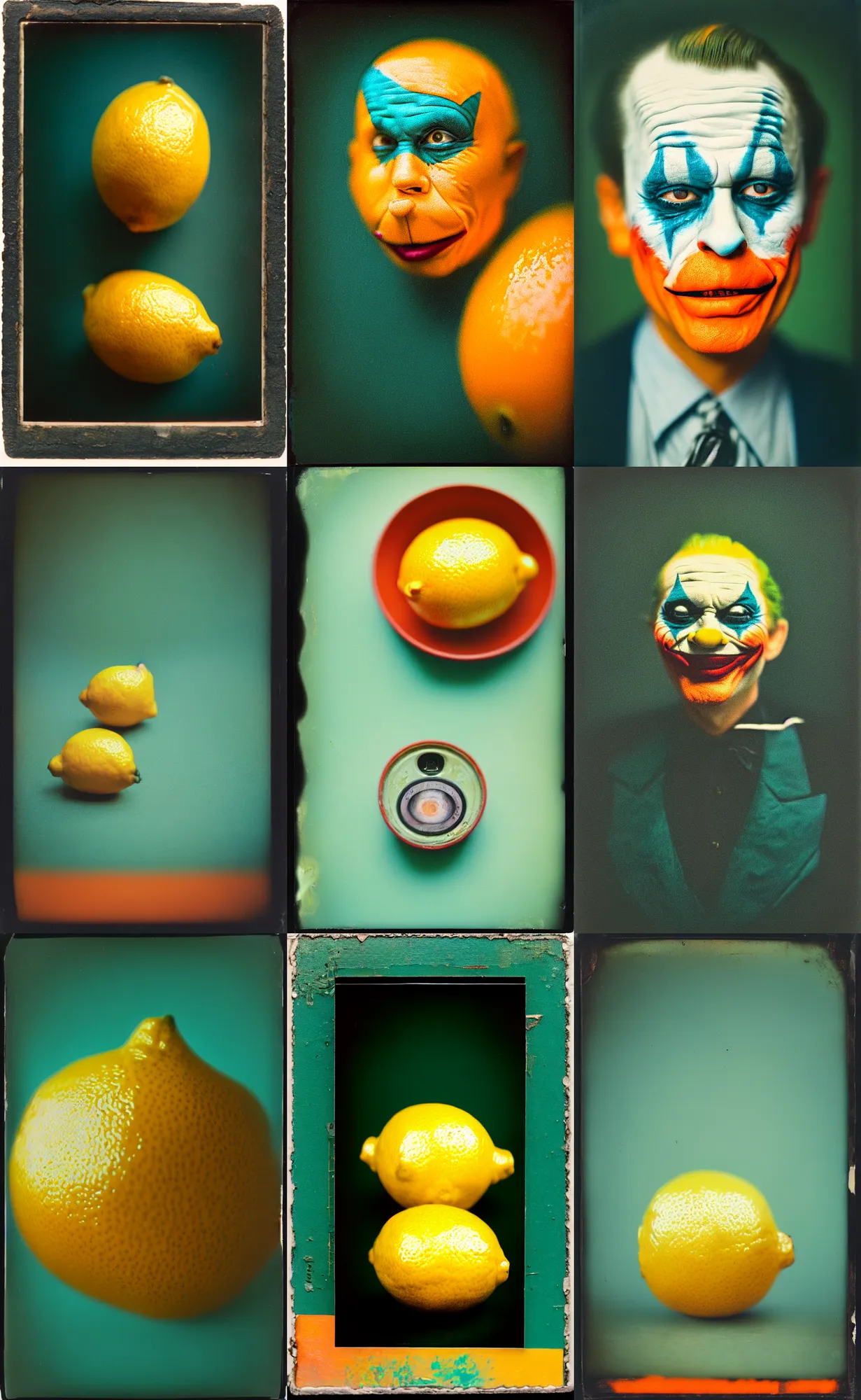 Image similar to kodak portra 4 0 0, wetplate, 8 k, shot of a highly detailed, britt marling style, colour still - life portrait of a lemon looks like 1 9 9 9 joker, teal and orange, muted coloures