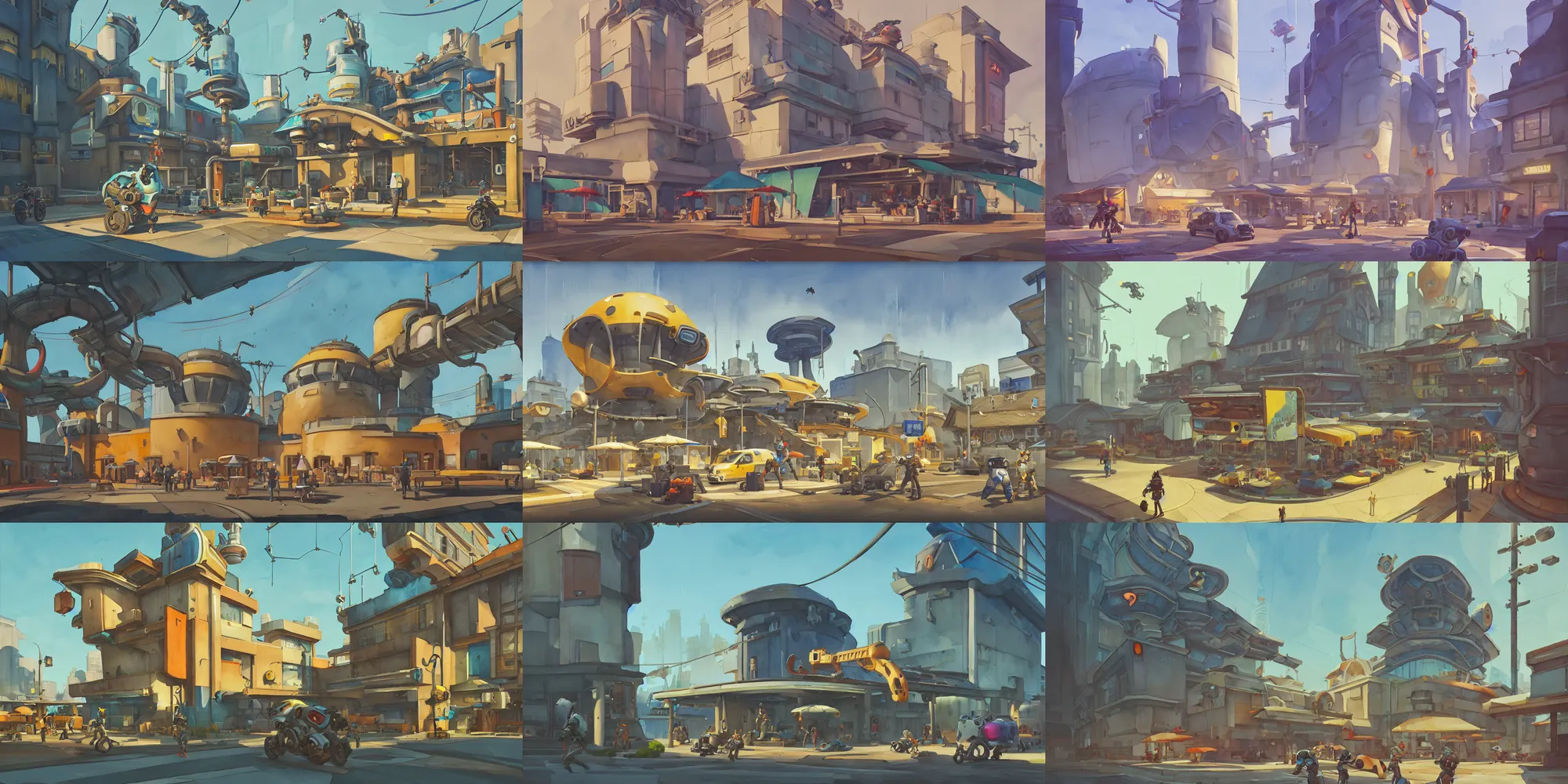 Prompt: overwatch building, stylized, exterior, architecture, in watercolor gouache detailed paintings, insanely detail, artstation, 8 k, futuristic, big medium small, arcane, simon stalenhag, food stall, interesting shapes & form, golden ratio