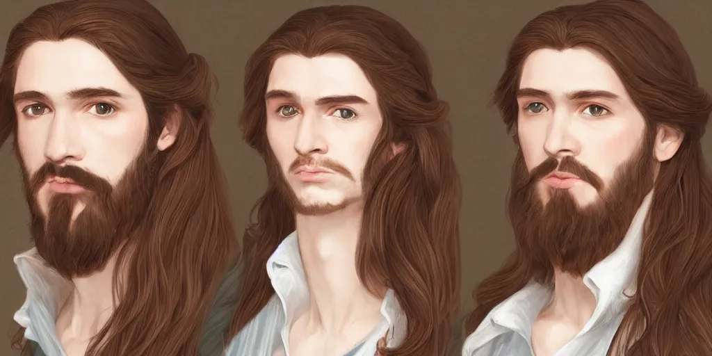 Image similar to an ultra detailed portrait of a handsome wizard with a very short goatee named james and a beautiful noblewoman with long brown hair named rachel, in contemporary clothes, 8 k, modernist style, artstation, pixiv, by jacque - louis david