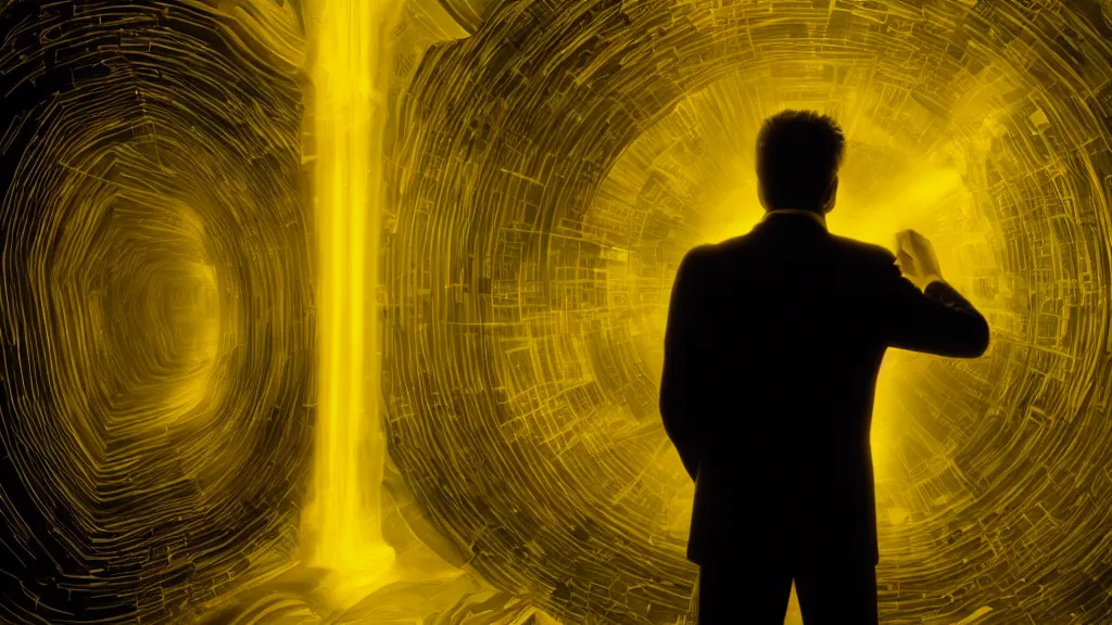 Image similar to movie scene of a man standing in front of a multiverse machine, movie still, cinematic composition, cinematic light, pastel color scheme, yellow color scheme, by David Lynch