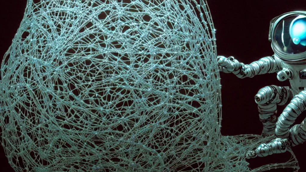 Image similar to a cybernetic symbiosis of a single astronaut eva suit made of pearlescent wearing knitted yarn thread infected with diamond 3d fractal lace iridescent bubble 3d skin covered with stalks of insectoid compound eye camera lenses floats through the living room, film still from the movie directed by Denis Villeneuve with art direction by Salvador Dalí, wide lens,