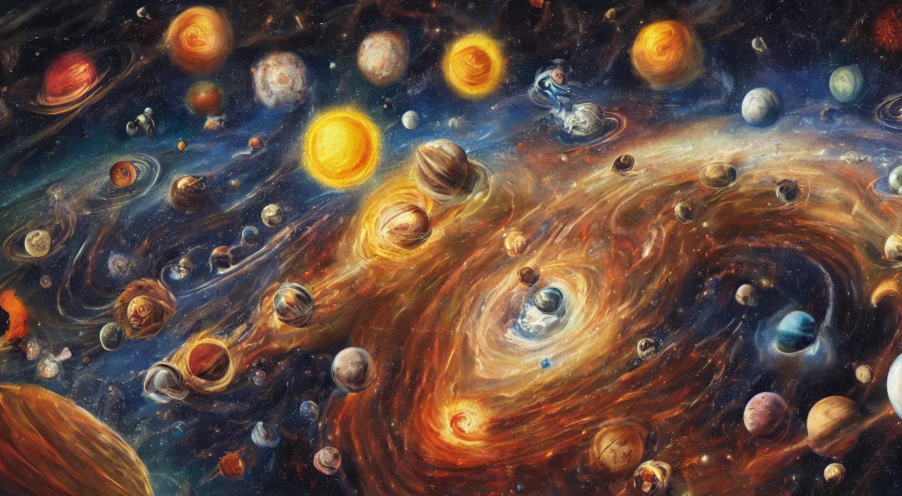 Prompt: Michal Angelo painting of the universe dying, with god putting away planets and stars. 8k resolution, mural.