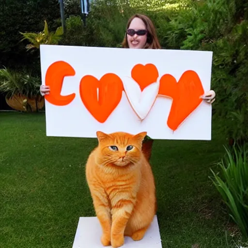 Prompt: cute colossal standing orange tabby cat holding a sign that says