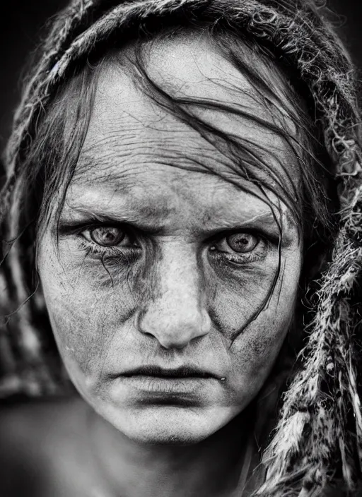 Image similar to Award winning Editorial photo of a female Native Liechtensteiners with incredible hair and beautiful hyper-detailed eyes wearing traditional garb by Lee Jeffries, 85mm ND 5, perfect lighting, gelatin silver process