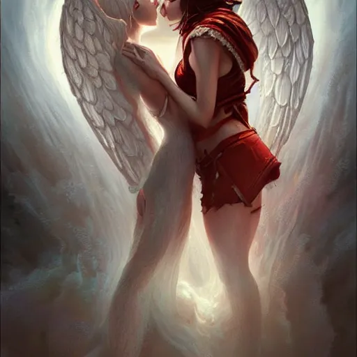 Image similar to 3d rendering, a demon girl and a angel girl kissing, fantasy, intricate, elegant, highly detailed, digital painting, artstation, concept art, art by artgerm and greg rutkowski