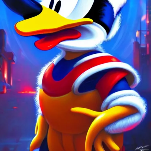 Image similar to donald duck getting angry, sci - fi, gritty, shadowrun splash art, art by artgerm, intricately detailed, highly detailed, trending on artstation, 4 k, wallpaper - 1 0 2 4