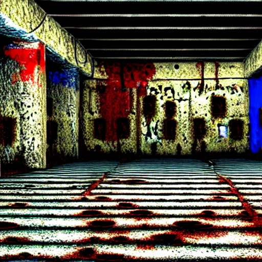 Image similar to underground prison, corroded metal bars, concrete, colorful tapestries, rugs, concept art