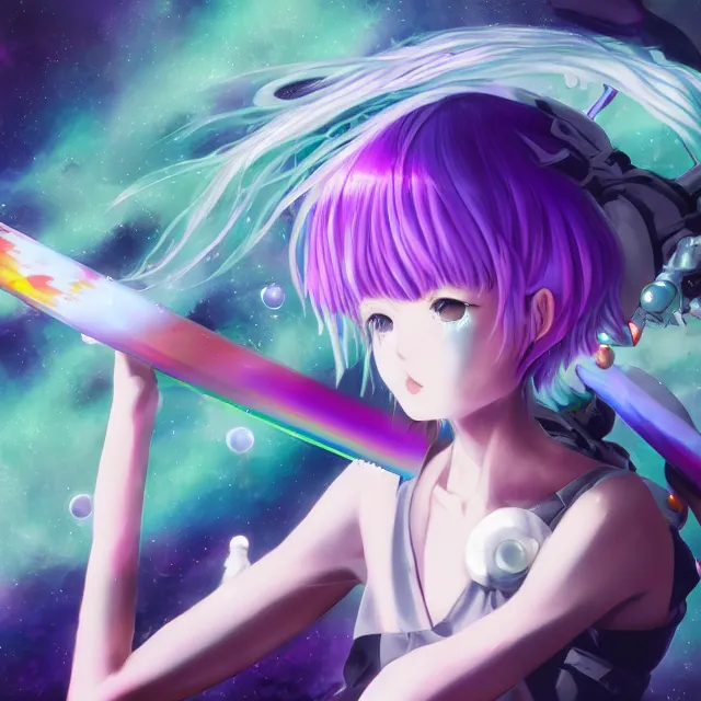 Image similar to rei ayanami, deep space, seascape, grimes, silver hair, shikinami asuka langley, card captor sakura, bunny ears, cosmos, psychedelic flowers, black opal, rainbow aura quartz, organic, oni compound artwork, of character, render, artstation, portrait, wizard, beeple, art, fantasy, epcot, psychedelic glitchcore