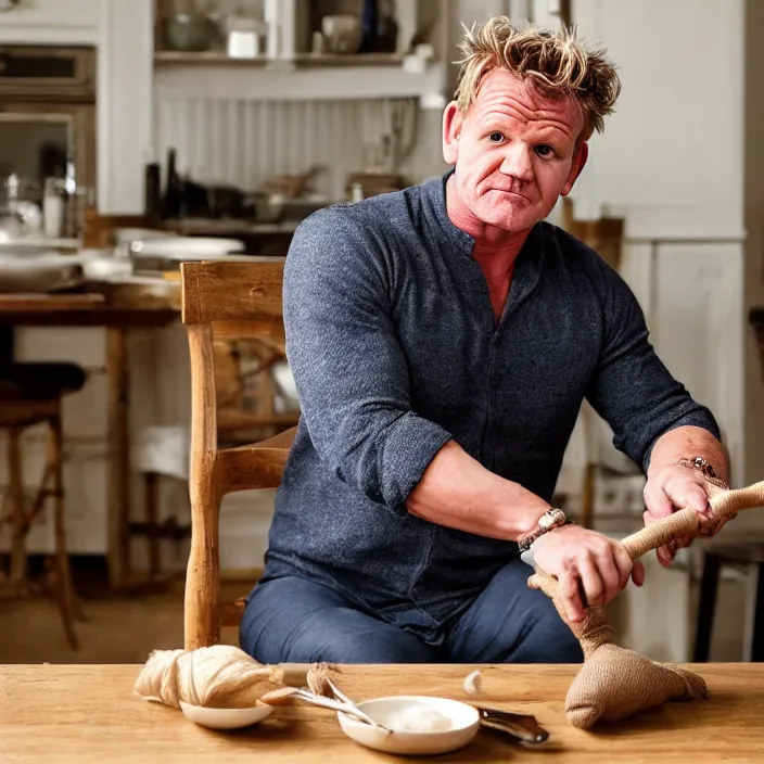 Image similar to digital photography of gordon ramsay, sitting on a rocking chair, knitting a beef wellington. high quality, medium far shot