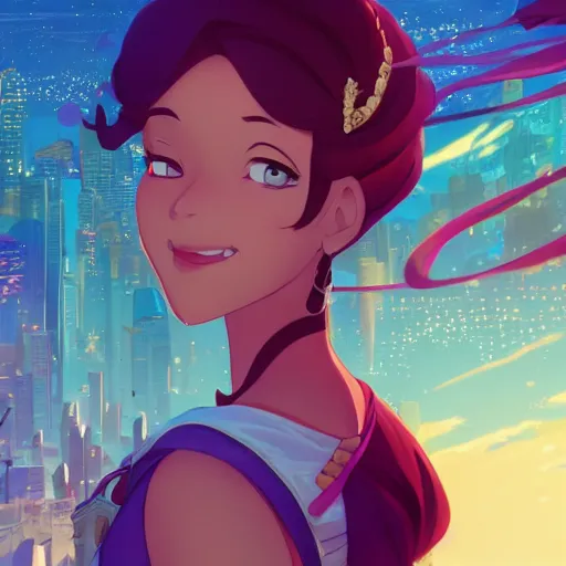 Image similar to portrait of princess tiana, middle eastern city background, rich vivid colors, ambient lighting, dynamic lighting, 4k, official media, anime key visual, makoto shinkai, ilya kuvshinov, lois van baarle, rossdraws, detailed, trending on artstation