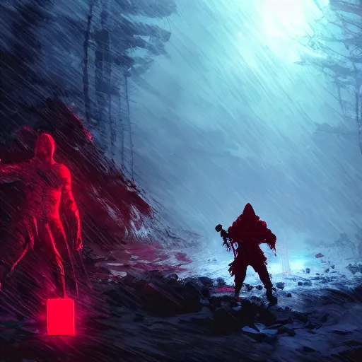 Image similar to tactical combat squad in red hoods fighting otherworldly monsters between the mystical foggy swamp. Style as if Dan Mumford and Tsutomu Nihei make game in Unreal Engine, photorealism, colorful, finalRender iridescent fantasy concept art 8k resolution concept art ink drawing volumetric lighting bioluminescence, plasma, neon, brimming with energy, electricity, power, Colorful Sci-Fi Steampunk Biological Living, cel-shaded, depth, particles, lots of reflective surfaces, subsurface scattering