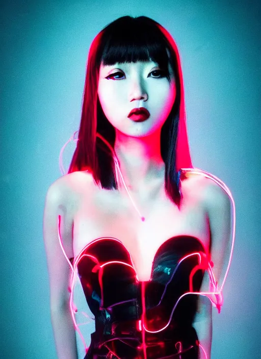 Image similar to asian goth in shinjuku, dark dress, cyberpunk, fashion, biomech, red and turquoise lights, black - red - turquoise - lips, conceptart, highlights, symmetrical, portrait, pretty face, octane, unreal, realism