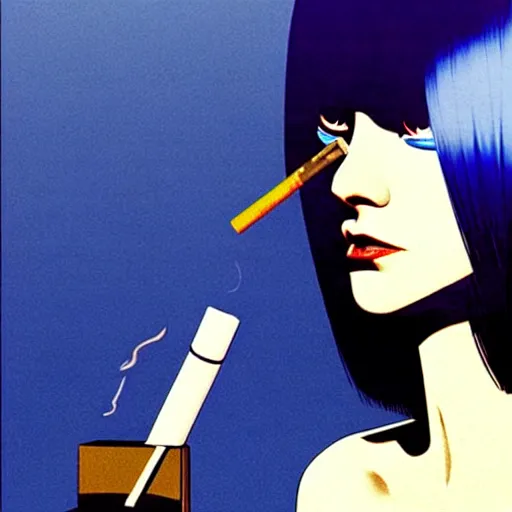 Image similar to woman with bobcut haircut with friendly blue eyes and slim features looking askance while smoking, underground box office hit, satire and seventies italian horror movie, intricate, ultra detailed 8 k, best, cool, extremely beautiful and aesthetic shape of face and neck, art by hiroaki samura and ilya kuvshinov and rossdraws and andy warhol, inverted