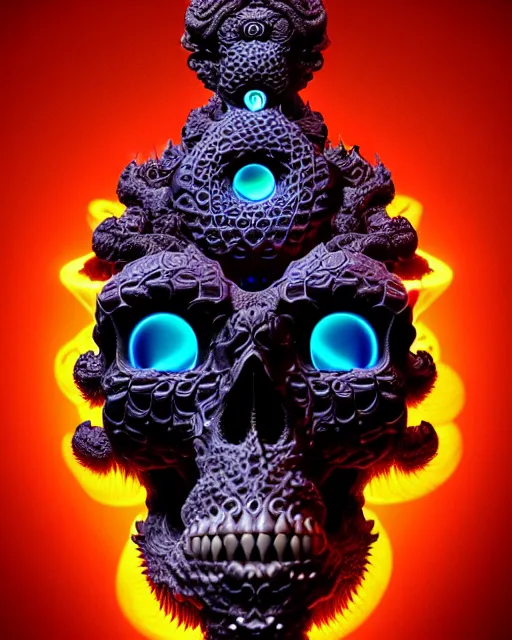 Image similar to 3 d ornate carved dark cosmic spirit with profile portrait, sigma 5 0 0 mm f / 5. beautiful intricate highly detailed quetzalcoatl skull. bioluminescent, plasma, lava, ice, water, wind, creature, thunderstorm! artwork by tooth wu and wlop and beeple and greg rutkowski, 8 k trending on artstation