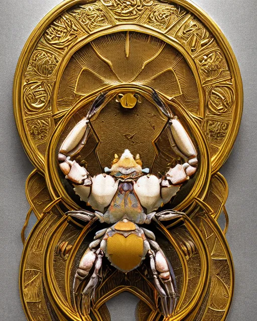 Image similar to symmetry, intracate marble bas relief sculpture, gold inlay, crabs crabs crabs crabs crabs crabs, highly detailed, octane, 8 k, hdr, alphonse mucha, trending on artstation