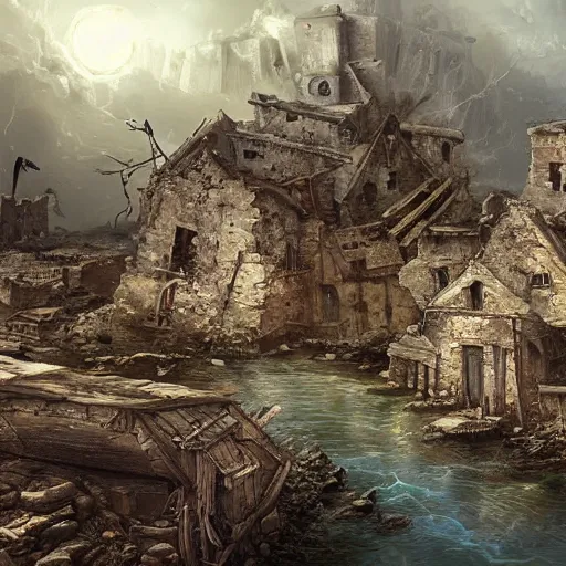 Prompt: a stunning painting of a a ruined village at the end of the world, digital art, hyper-detailed