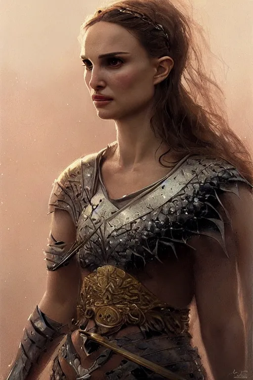 Image similar to natalie portman, legendary warrior, heroic fighter, lord of the rings, tattoos, decorative ornaments, battle armor, by carl spitzweg, ismail inceoglu, vdragan bibin, hans thoma, greg rutkowski, alexandros pyromallis, perfect face, finely detailed, realistic shading