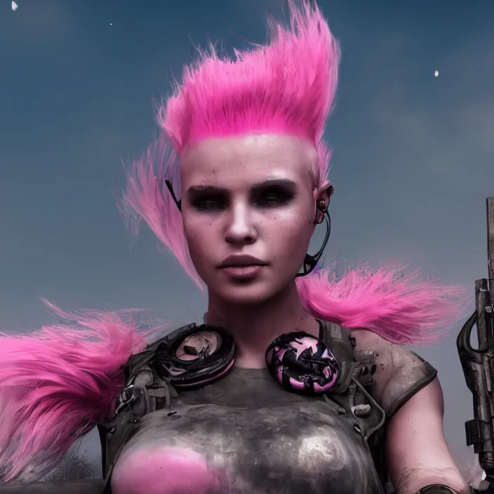 Image similar to beautiful apocalyptic woman with pink Mohawk, posing on mad max panzer tank, 4k ultra hd, fantasy dark art, artstation, octane render