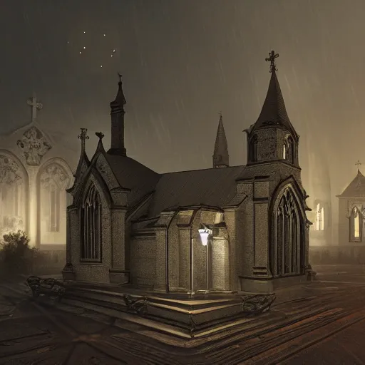 Image similar to victorian church in the middle of the city, dark, misty, at night, 8 k, detailed, concept art, trending on artstation