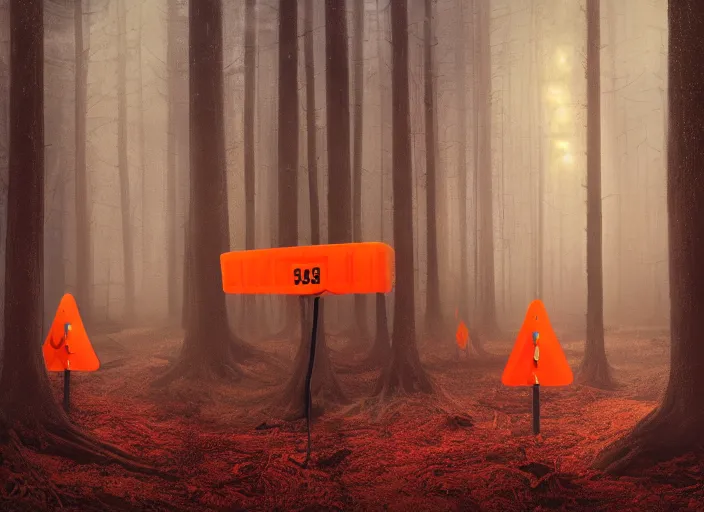 Prompt: a few orange safety cones in a beautiful strange forest, cinematic painting by james jean, atomspheric lighting, moody lighting, dappled light, detailed, digital art, limited color palette, wes anderson, 2 4 mm lens, surreal