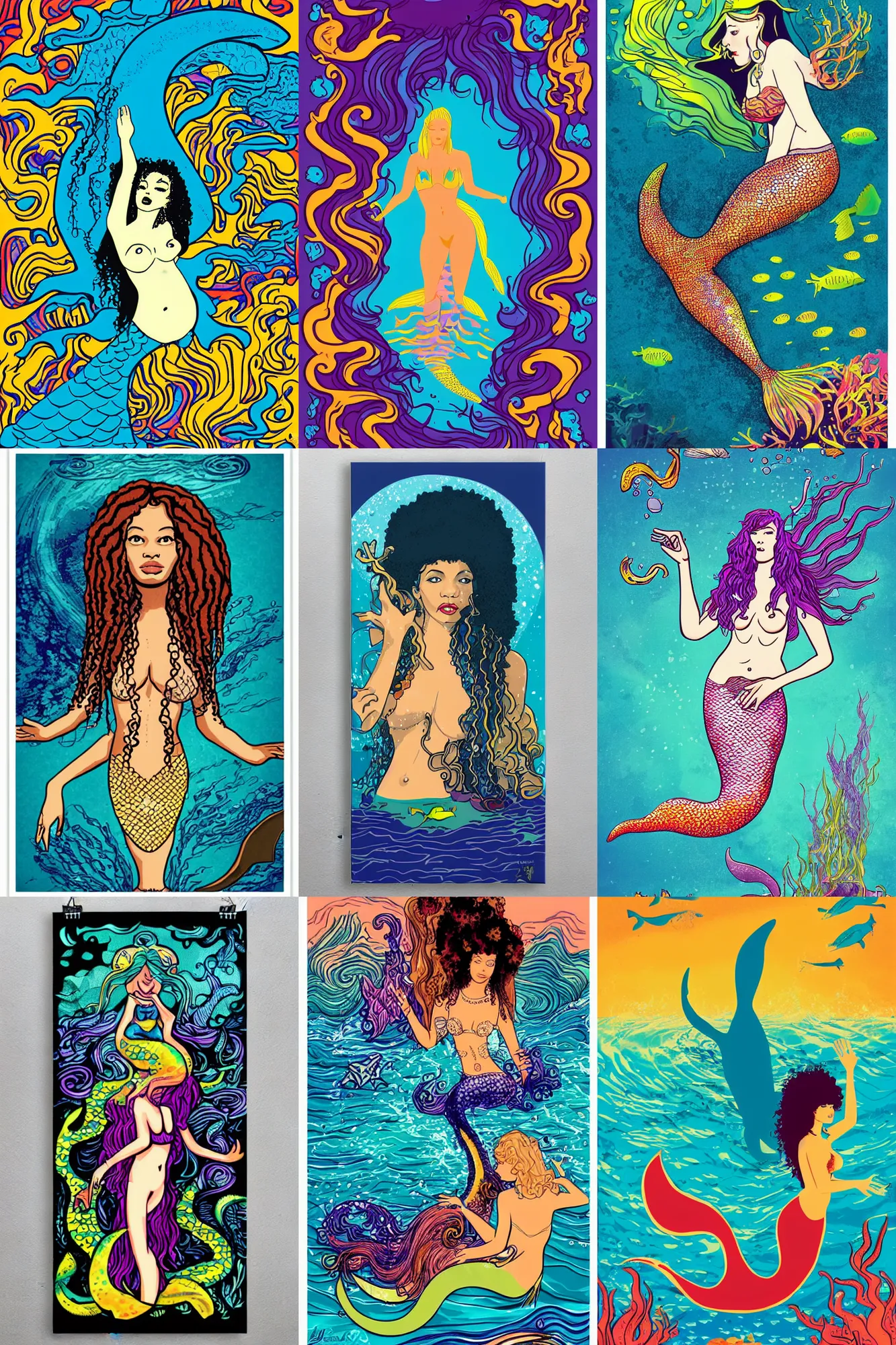 Prompt: illustration of a mermaid under the sea, jimi hendrix style poster