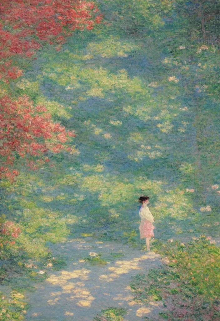 Image similar to tiny character in front of a beautiful japanese country side landscape, amazing ryokan, lofi vibe, vivide colors, amazing light, really beautiful nature, oil painting, impressionist style, by jeremy lipkin, by claude monet, by ghibli, kandinsky touches, multiple brush strokes, masterpiece