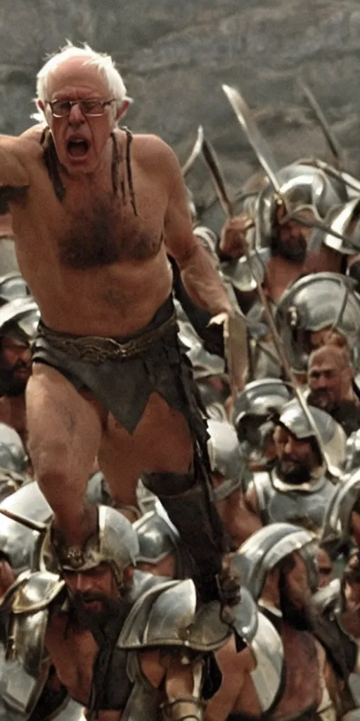 Prompt: Bernie Sanders dressed as Leonidas, with Leonidas beard, leading Spartans into battle, in screenshot from the 300 movie