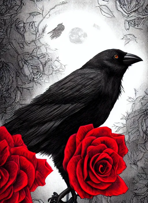 Image similar to portrait, A crow with red eyes in front of the full big moon, book cover, red roses, red white black colors, establishing shot, extremly high detail, foto realistic, cinematic lighting, pen and ink, intricate line drawings, by Yoshitaka Amano, Ruan Jia, Kentaro Miura, Artgerm, post processed, concept art, artstation, matte painting, style by eddie mendoza, raphael lacoste, alex ross