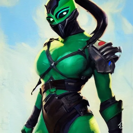 Image similar to greg manchess portrait painting of partially armored jade from mortal kombat wearing a half mask as overwatch character, medium shot, asymmetrical, profile picture, organic painting, sunny day, matte painting, bold shapes, hard edges, street art, trending on artstation, by huang guangjian and gil elvgren and sachin teng