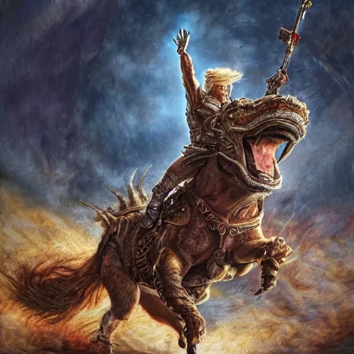 Prompt: hyperrealistic mixed media painting of Trump as a Warlord Riding a Boar, stunning 3d render inspired art by P. Craig Russell and Barry Windsor-Smith, 8k octane beautifully detailed render, post-processing, extremely hyperdetailed, intricate, epic composition, grim yet sparkling atmosphere, cinematic lighting + masterpiece, trending on artstation, very detailed, masterpiece, stunning