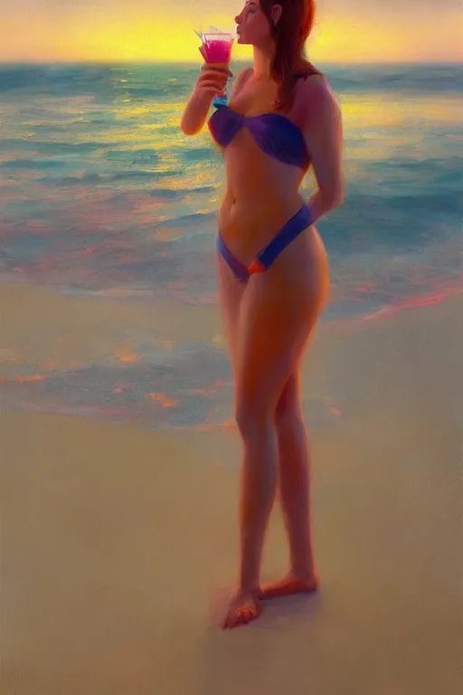 Prompt: a portrait of a cute female at the beach, drinking a cocktail, vivid colors, soft lighting, atmospheric, cinematic, moody, in the style of artgerm and greg rutkowski, oil on canvas