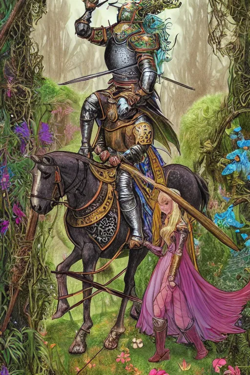 Image similar to medieval knight riding a horse in a magic kingdom overgrown by moss and plants, shiny armor, enchanted forest with fairies, wizards and magic mushrooms in the background, illustrated by james jean, very detailed and colorful and ornamental and floral, comicbook cover