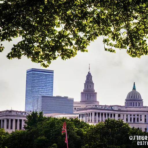 Image similar to madison wisconsin capital being attacked by godzilla ( 1 9 8 9 ) ( eos 5 ds r, iso 1 0 0, f / 8, 1 / 1 2 5, 8 4 mm, postprocessed, bokeh )