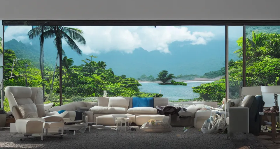 Prompt: big window, mountains in background, cloud forest in background, tropical beach in background, late afternoon, clear sky, living room, furniture, IKEA catalogue, futuristic, ultra realistic, ultra detailed, cinematic light, anamorphic, by Paul Lehr