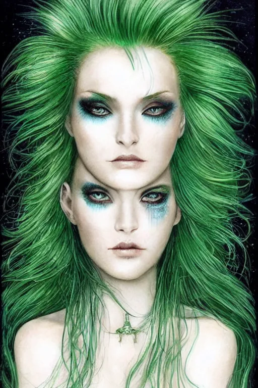 Prompt: beautiful symmetrical portrait of a woman with green hair, feathered silk dress, sparkling eyes, runny make up by luis royo and alan lee