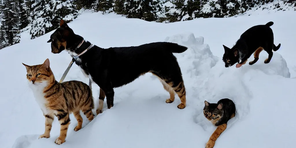 Image similar to a dog and a cat in the top of a snow mountain