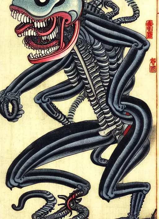 Image similar to the xenomorph as a yokai illustrated by kawanabe kyosai and toriyama sekien