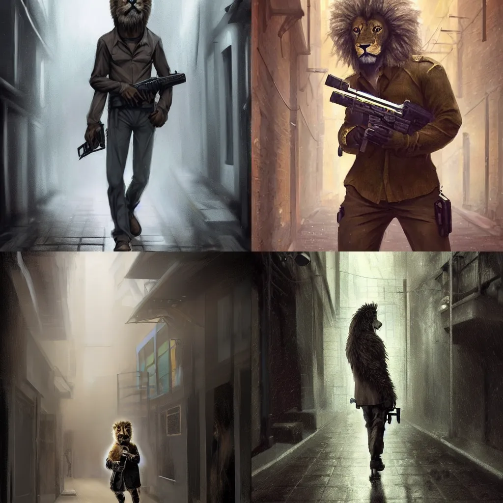 Prompt: A digital painting of a stealthy teenage lion in a dark rainy alleyway wearing formal school uniform while holding a glock in his right hand, by Stanley Artgerm Lau, frank frazetta, Rossdraws, James Jean, gerald brom, Andrei Riabovitchev, Marc Simonetti, and Sakimichan, trending on artstation, cinematic lighting, SFW version