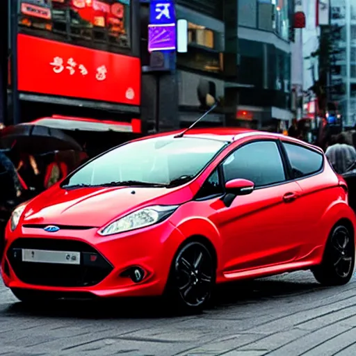 Image similar to red ford fiesta mk 5 zetec in shibuya tokyo, award winning photograph, night time