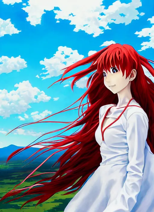 Image similar to portrait of Asuka Soryu Langley from Neon Genesis Evangelion with long wavy red hair in a white dress, countryside, calm, fantasy character portrait, dynamic pose, above view, sunny day, thunder clouds in the sky, artwork by Makato Shinkai and Giuseppe Dangelico Pino and Michael Garmash and Rob Rey, very coherent asymmetrical artwork, sharp edges, perfect face, simple form, 100mm